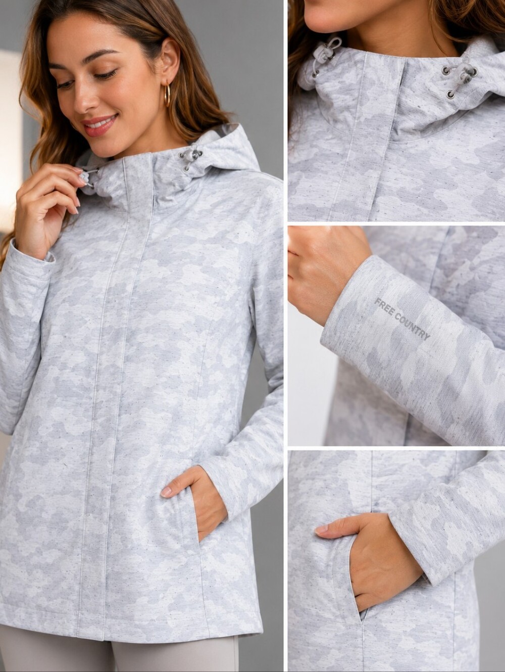 Free Country Womens Grey Camo Softshell Hooded Jacket Size Large Full Zip Mesh